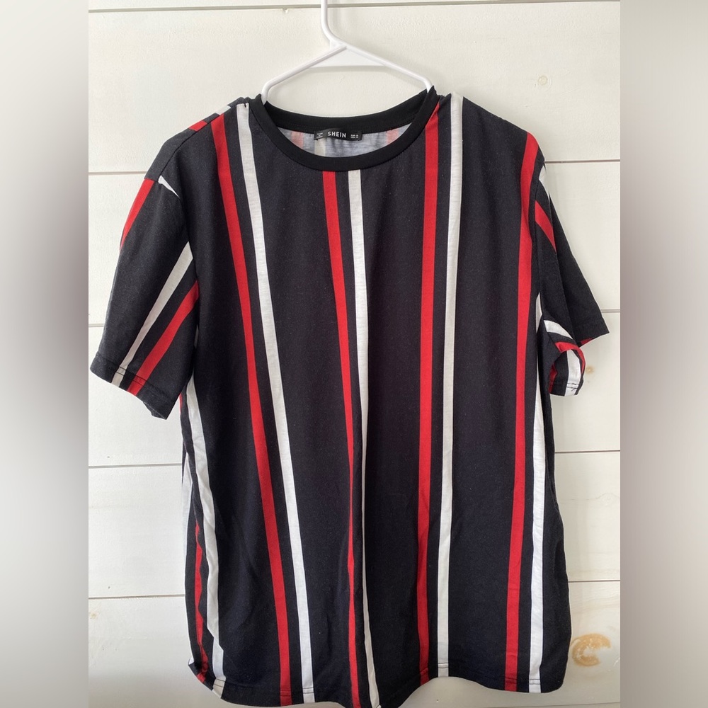 SHEIN red, black, and white vertical striped t-shirt
